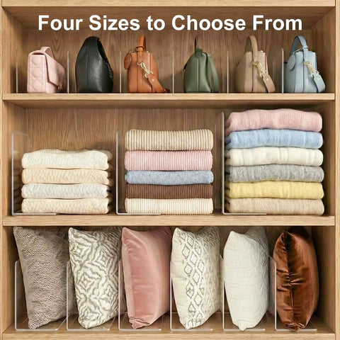 Clear acrylic shelf dividers organizing stacked sweaters and pillows in a closet, Top Rated Shelf Dividers For Closets And Dressers Compact Six Inch Vertical Blocks Keep Your Clothing Stacks Tidy And Wardrobe Sections Straight Without Breaking The Bank On Custom Options For Small Rooms.