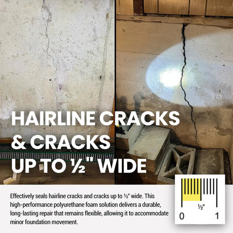 DIY Foundation Crack Repair Kit With 10 Ft Low Viscosity Urethane Sealant addressing concrete wall cracks in basement.