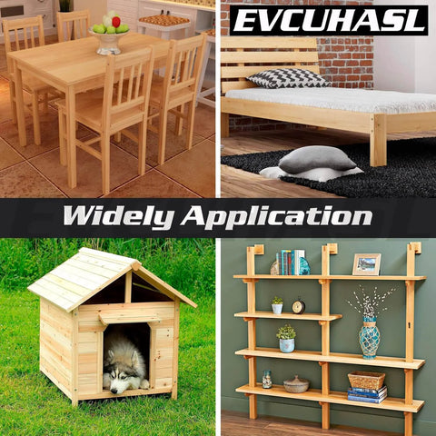 Various wooden furniture including dining table, bed frame, dog house, and shelves showcasing wide application of wood products.