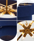 Close-up of ELYCCUPA 20” Navy Blue Boho Hand Woven Pendant Light Brass Adjustable Coastal Chandelier showcasing the light bulbs.