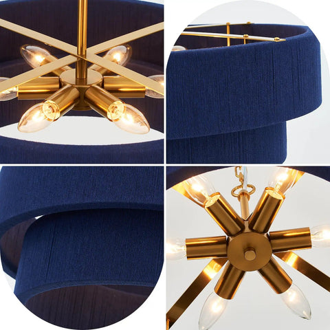 Close-up of ELYCCUPA 20” Navy Blue Boho Hand Woven Pendant Light Brass Adjustable Coastal Chandelier showcasing the light bulbs.