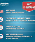 Flowtron product benefits including Made in USA, CSA certified, powerful sex lure, and weatherproof design on blue background.