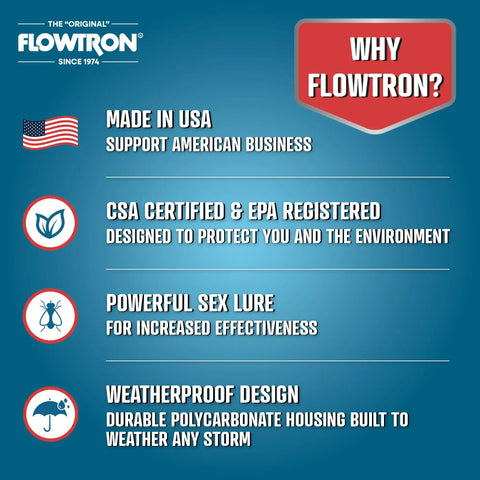 Flowtron product benefits including Made in USA, CSA certified, powerful sex lure, and weatherproof design on blue background.