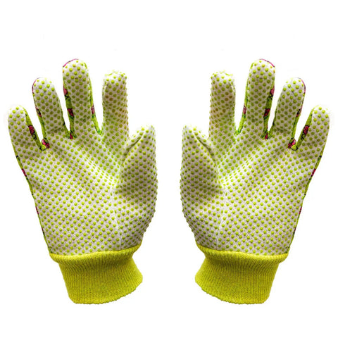 Soft Jersey Garden Gloves For Women Three Pack Assorted Colors Green Red Blue With Flower Print And Knit Wrist 100 Percent Cotton PVC Dots