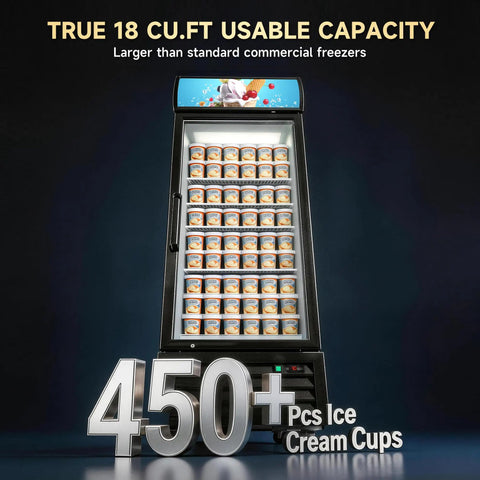 Heavy Duty Commercial Display Freezer Upright Single Glass Door Merchandiser With Hassle Free Auto Defrost and Tough As Nails Caster Wheels to Keep Your Ice Cream and Frozen Favorites Crisp for Your Cafe or Corner Market holding 450+ ice cream cups.