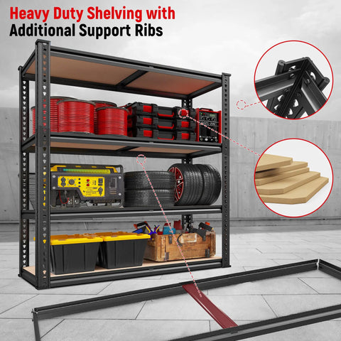 40 Inch Wide Heavy Duty Garage Shelving System With Rolled Edge Columns For Basement Pantry Storage And Workshop Organization Multipurpose Metal Shelves Sturdy Industrial Shelving Racks For Home And Office Use, 4-tier black steel rack