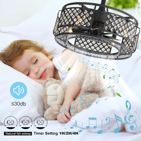 Crystal Ceiling Fan With Lights And Bluetooth Speaker Eighteen Point Eight Inches Dope Enclosed Bladeless Fandelier over sleeping child.
