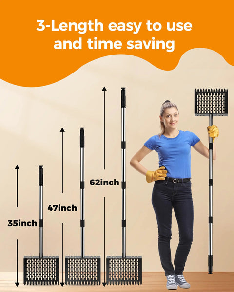 Two In One Chicken Poop Scooper And Rake For Coop Cleanup, Adjustable From Thirty Five To Sixty Two Inches, showing adjustable length