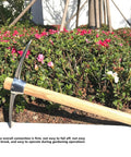 All Purpose Garden Pick Mattock Hoe With Wooden Handle 15.7 Inch Forged Adze Pick displayed on garden soil