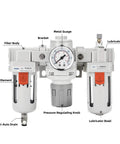 One Half Inch NPT Air Filter Regulator Lubricator All In One FRL Combo with water oil trap separator, showing gauge and metal bracket