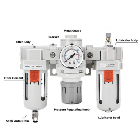 One Half Inch NPT Air Filter Regulator Lubricator All In One FRL Combo with water oil trap separator, showing gauge and metal bracket