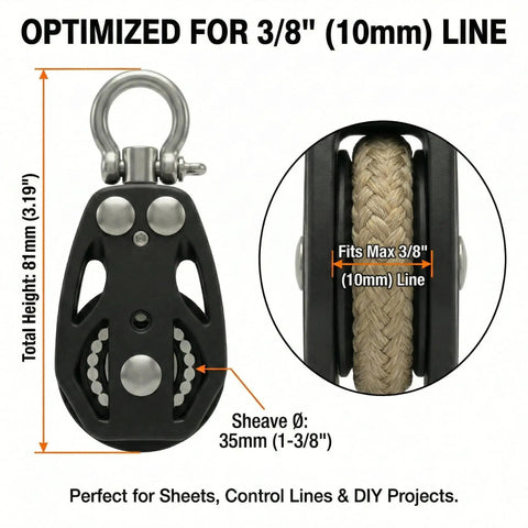 35mm Beefy Sail Block With Swivel Shackle And Ball Bearing Pulley, shown with 3/8 inch line fit
