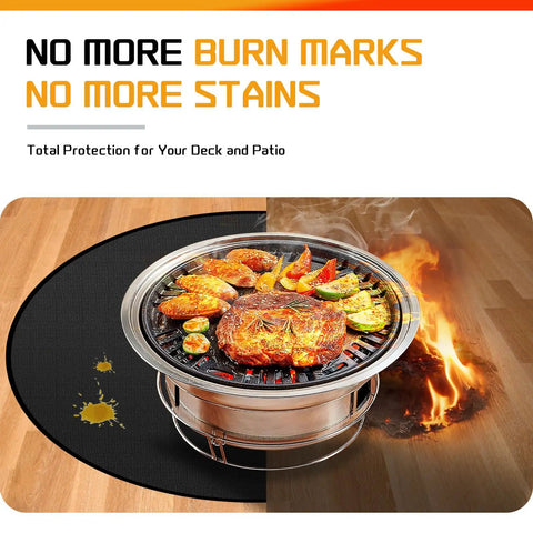 Grill on 40 Inch Round Fire Pit Mat for Decks and Patios showing fire protection.