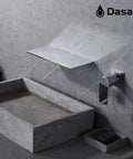 Wall Mount Bathroom Faucet With Waterfall Spout In Wall Design Single Handle Polished Chrome Sink Faucet 11 Inch Wide Spout Slick Space Saving CUPC Ceramic Cartridge SA BFW1 CH shown on stone wall above sink