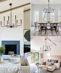 Six Light Black Farmhouse Chandelier With Candlestick Arms in dining room, foyer, and living room settings, rustic industrial design.
