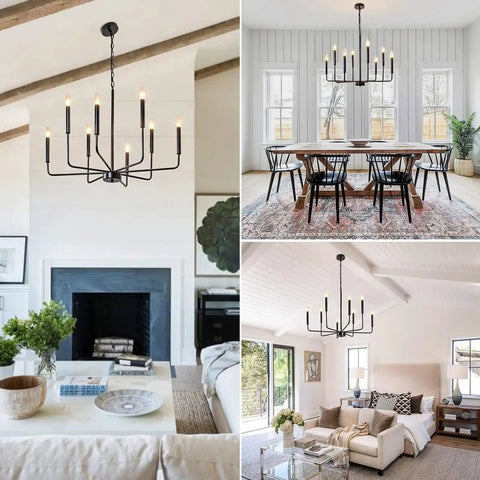 Six Light Black Farmhouse Chandelier With Candlestick Arms in dining room, foyer, and living room settings, rustic industrial design.