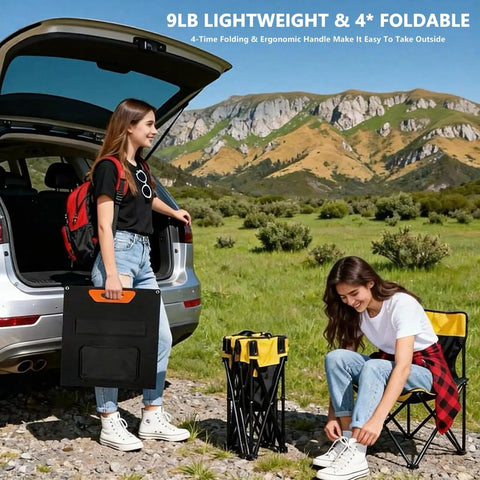 Two women with On The Go 200W Foldable Monocrystalline Solar Panel With ETFE Coating in outdoor setting by car trunk.