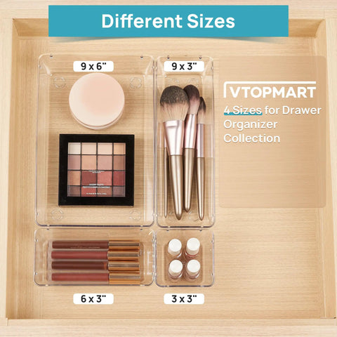 Level Up Your Vanity Game With This 10 Piece Clear Drawer Organizer Set showing different sizes of trays with cosmetics and brushes.
