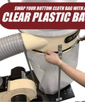 Person installing Clear Plastic Dust Collector Replacement Bags 5 Pack For Shop Pros, visible on dust collector system.