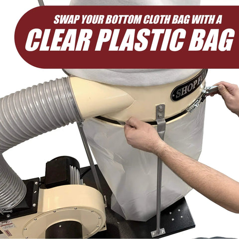 Person installing Clear Plastic Dust Collector Replacement Bags 5 Pack For Shop Pros, visible on dust collector system.