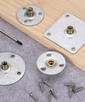Heavy Duty M8 Brad Hole T Nuts With 16 Self Tapping Screws Square Base Weld Inserts For Woodworking Furniture Top Shelf Build No Mess Setup Solid Steel Hardware Fastener Kit Ready To Roll on a gray surface with screws and tools.