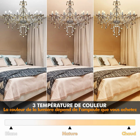 10-Light Crystal Chandelier In Cognac Champagne Finish With K9 Crystal Beads illuminating a bedroom with three light temperatures