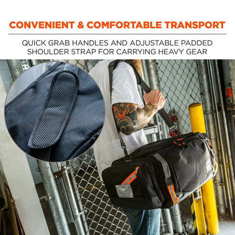 Heavy Duty Jobsite Duffel Bag For Work Gear With Padded Shoulder Straps 34L, Built Tough As Nails From 600D Ripstop Nylon, worn by man