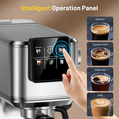 Kickin 20 Bar Espresso Maker With Rapid Cold Brew Touchscreen Panel displaying options for espresso drinks.