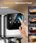 Close-up of Premium Stainless Steel Espresso Machine 20 Bar With Touch Screen showing drink options and touch feature.