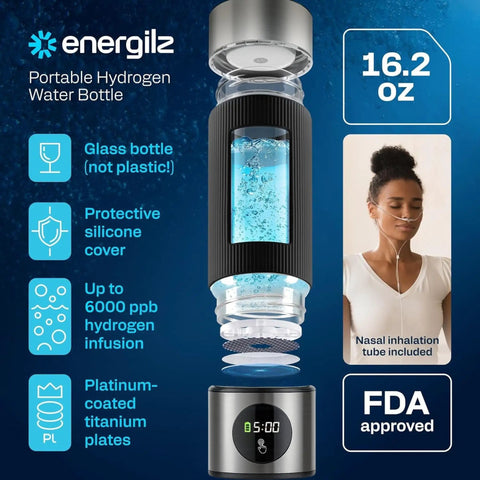 Hydrogen Water Bottle With 6000 PPB Concentration Portable 16.2 Oz Generator And SPE PEM Ionizer with glass bottle and features