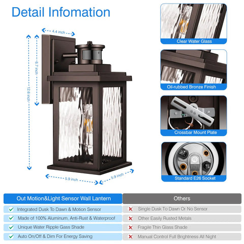 Diagram showing the Outdoor Motion Sensor Porch Light In Oil Rubbed Bronze, Waterproof Exterior Wall Lantern details and features.