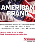 American flag with text about Chapin's manufacturing excellence since 1884, with locations in New York, Kentucky, and Ohio.