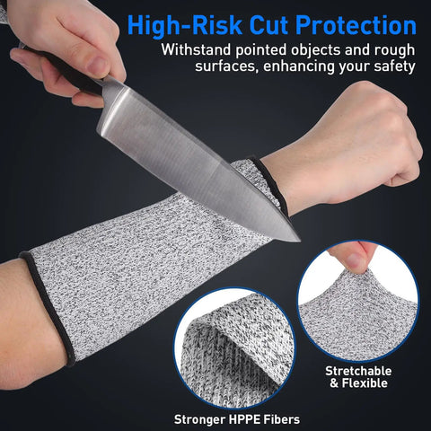 Real Deal Cut Resistant Arm Sleeves For Mechanics And Gardeners With Snug Stretch Fit Anti Puncture Forearm Guards That Make The Daily Grind A Total Breeze In Black Gray demonstrating high-risk cut protection with knife.