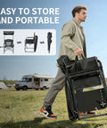 Man carrying a folded Heavy Duty Folding Camp Chair With Adjustable Canopy And Side Table, ideal for camping and outdoor use.