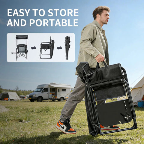 Man carrying a folded Heavy Duty Folding Camp Chair With Adjustable Canopy And Side Table, ideal for camping and outdoor use.