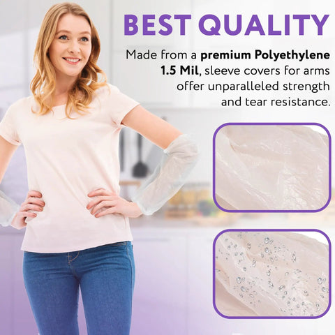 White Disposable Arm Sleeves 18 Inch 1000 Pack Waterproof 1.5 Mil PE Sleeve Covers Unisex Work Arm Protectors For Painting Cleaning Food Prep Pro Grade Industrial Tasks, woman wearing sleeve cover