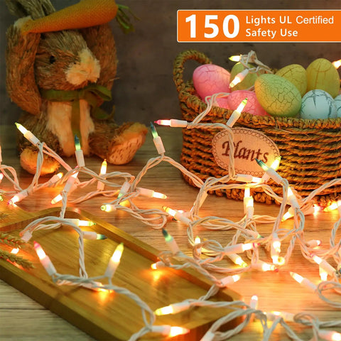 Easter String Lights 33Ft 150 Count Pastel Incandescent Mini Fairy Lights UL Certified 120V with Easter decor in basket