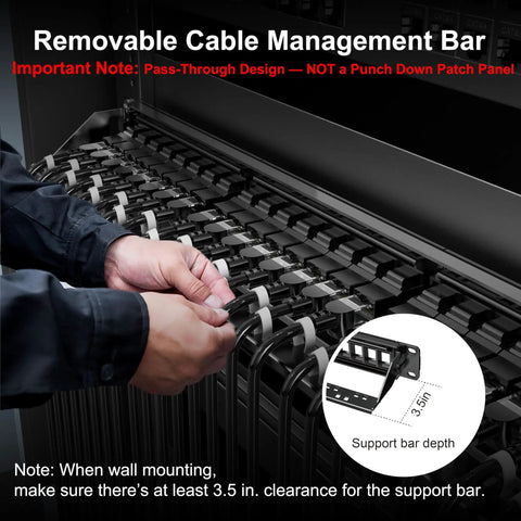 24 Port Pass Through Patch Panel For Rackmount Or Wall Mount 19 Inch 1U Cat6 Network Panel installation with cable management bar