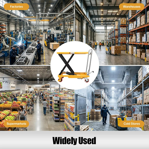 Solid Frame Hydraulic Scissor Lift Table Cart With Five Hundred Pound Capacity And Four Quiet Rollers shown in factory, supermarket, warehouse, cold store setting.