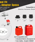 Auto Stop Fuel Transfer Pump With 3.8 GPM Cordless Pump Powered By Battery Or USB Gas Can Portable Electric Refuel Kit On The Go With 51 Inch Hose And 4 Adapters For Gasoline Diesel Oil Spill Free Refueling displaying hose and adapters specifications.