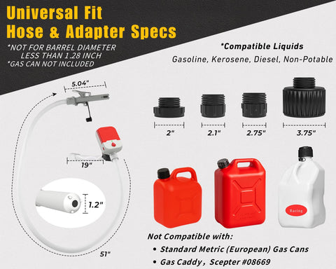 Auto Stop Fuel Transfer Pump With 3.8 GPM Cordless Pump Powered By Battery Or USB Gas Can Portable Electric Refuel Kit On The Go With 51 Inch Hose And 4 Adapters For Gasoline Diesel Oil Spill Free Refueling displaying hose and adapters specifications.