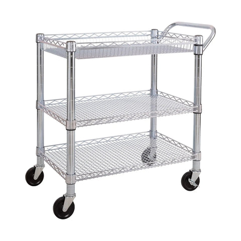 Heavy Duty Metal Rolling Utility Cart With Deep Top Basket And Handle Bar For Restaurant Garage Warehouse Kitchen And Office Workhorse NSF Certified Three Adjustable Wire Shelves 34.8 Inch Wide By 18.25 Inch Deep Cart