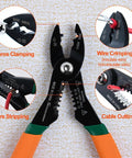 4 In 1 Electricians Pliers With Wire Cutter Crimper Gripper And Stripper 7 Inch Compact Pliers showing clamping, crimping, cutting features.