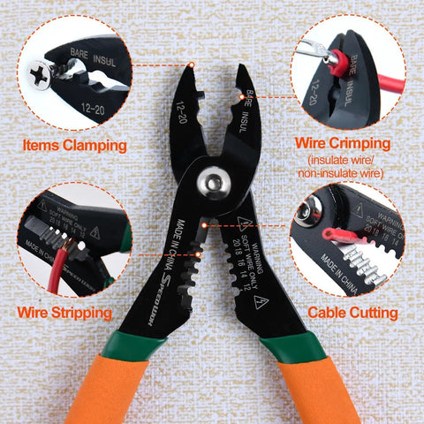 4 In 1 Electricians Pliers With Wire Cutter Crimper Gripper And Stripper 7 Inch Compact Pliers showing clamping, crimping, cutting features.