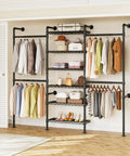 Heavy Duty Wall Mounted Closet System With Expandable Industrial Pipe Clothing Rack featuring hanging clothes and shelves.