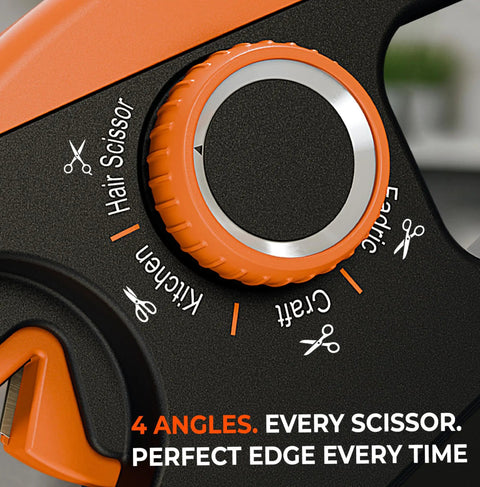 Close-up of 4 Angle Scissors Sharpener For Kitchen, Fabric, Hair And Craft Quick Safe Sharpening With Enclosed Slot Guide Dial