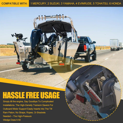 Heavy Duty Outboard Motor Support For 3 Ram Trim Tilt Systems, Transom Saver And Boat Trailer Mount on highway