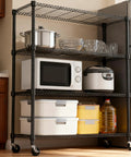 Heavy Duty 4 Tier Metal Storage Shelving Unit With Wheels For Garage Pantry Kitchen Basement Black, 1400 Lbs Total Capacity, 47.2 Inches Wide, 62.7 Inches High, 17.7 Inches Deep, Adjustable Wire Shelves with kitchen items