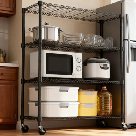 Heavy Duty 4 Tier Metal Storage Shelving Unit With Wheels For Garage Pantry Kitchen Basement Black, 1400 Lbs Total Capacity, 47.2 Inches Wide, 62.7 Inches High, 17.7 Inches Deep, Adjustable Wire Shelves with kitchen items