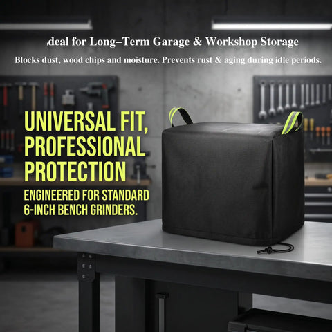 Badass Heavy Duty Bench Grinder Cover Waterproof 600D Polyurethane Dust Protector For 6 To 8 Inch Workbench Motors, black cover on bench.